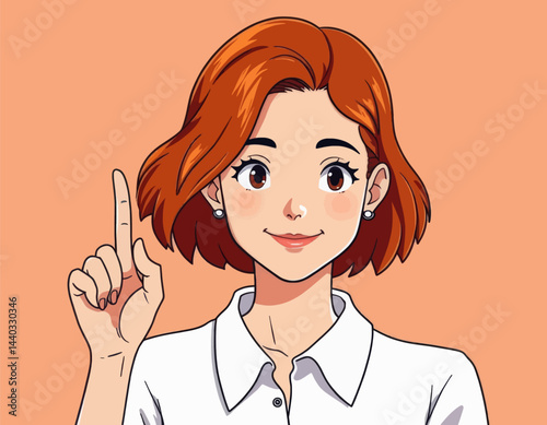 Smiling cartoon woman with auburn hair raising index finger