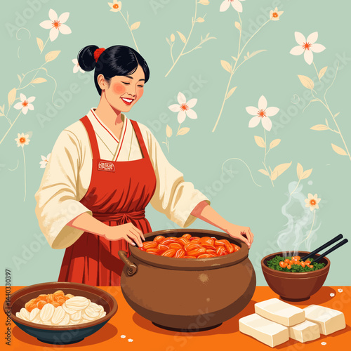 Smiling woman preparing traditional Korean food kimchi