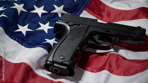 Handgun resting on american flag symbolizing patriotism and second amendment rights