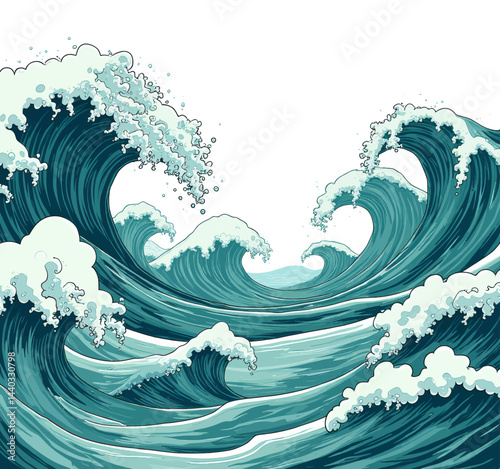 Stylized teal ocean waves with white foam crests