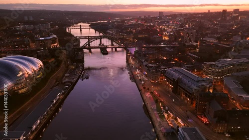 Newcastle upon Tyne UK: 15th Mar 2025: Newcastle Quayside drone shot during stunning sunset with iconic bridges