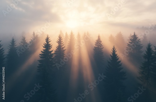 Sunrise through misty forest