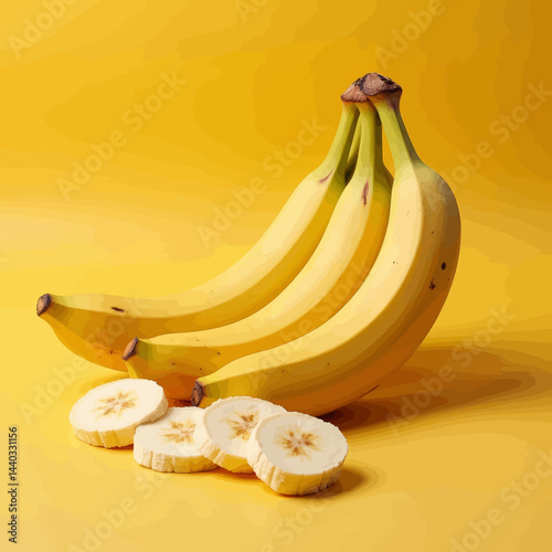 Three bananas with slices on yellow background