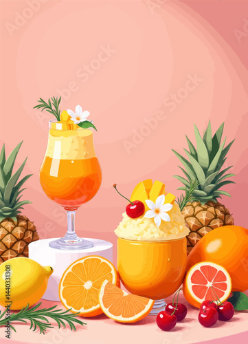 Tropical Fruit Smoothie Still Life on Pink