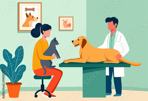 Veterinarian examining golden dog with cat owner present