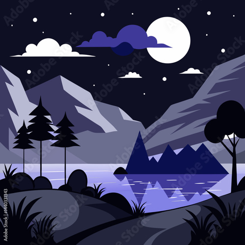 Download Natural Scenery And  Night Silhouette Vector Illustration White Background Svg File For Design.