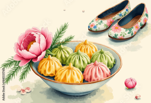 Watercolor Dumplings, Shoes, and Peony Still Life