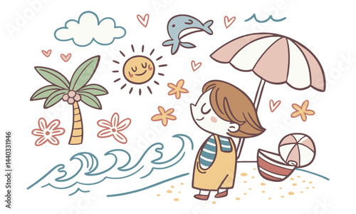 vector illustration of a summer beach with a surfboard