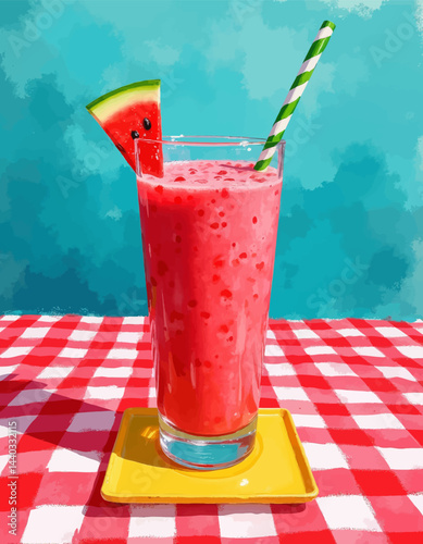 Watermelon smoothie on a yellow coaster with a red checkered tablecloth