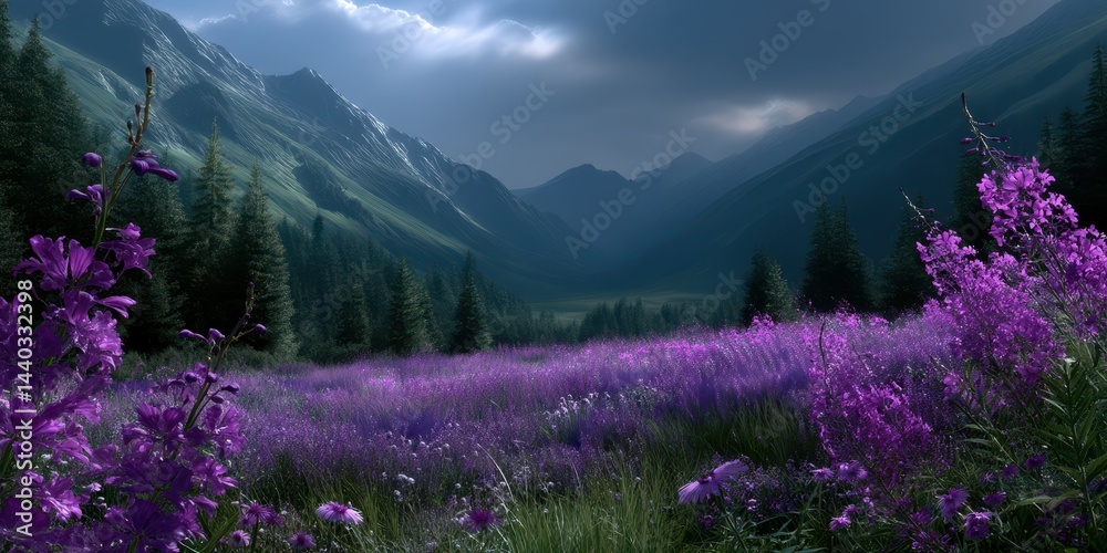 Majestic mountain landscape with vibrant purple wildflowers in a serene valley during twilight Majestic mountain landscape with vibrant purple wildflowers in a serene valley during twilight