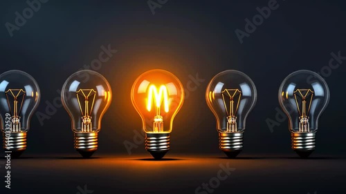 Innovative light bulbs with one glowing bulb in the center, showcasing creativity and illumination