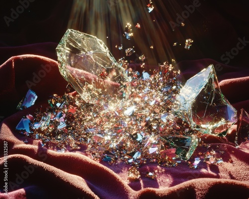 A broken glass ornament with sparkling pieces scattered across a velvet cloth, catching the light 