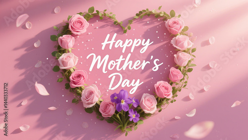Happy Mother's Day: Festive Greeting in a Heart-Shaped Floral Frame on a Pink Background

