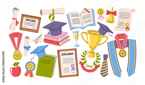 Graduation, mortarboard bachelor party event celebration accessories doodle hand drawn collection