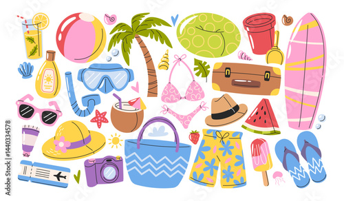Summer holiday vacation set with touristic essentials and supplies for rest and active recreation