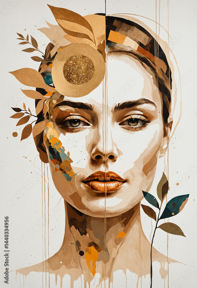 portrait of a woman with golden leaves, creative abstract luxury and elegance