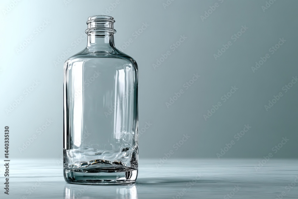 Elegant clear glass bottle on a minimalist surface Elegant clear glass bottle on a minimalist surface