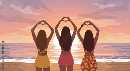 Three women expressing love at sunset on the beach ,  Suitable for travel agencies, articles about friendship, for parties, and events