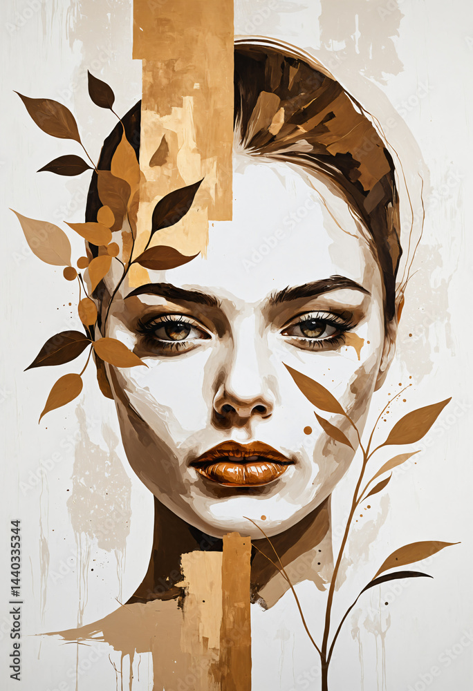 portrait of a woman with golden leaves, creative abstract luxury and elegance