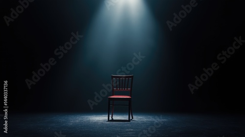Red wooden chair under a spotlight on a dark background.