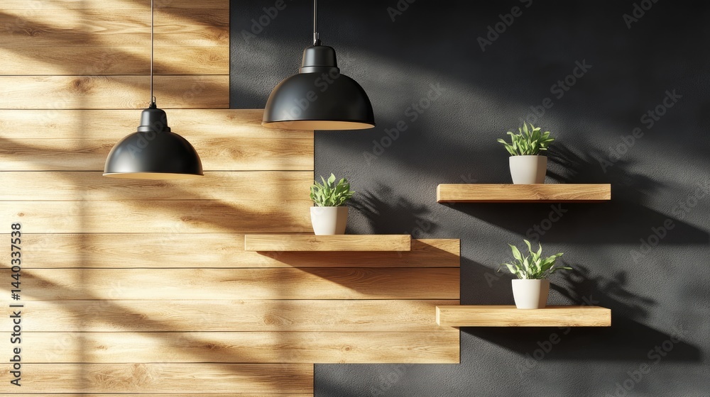 Wooden slat wall with attached floating shelves for modern decor Wooden slat wall with attached floating shelves for modern decor