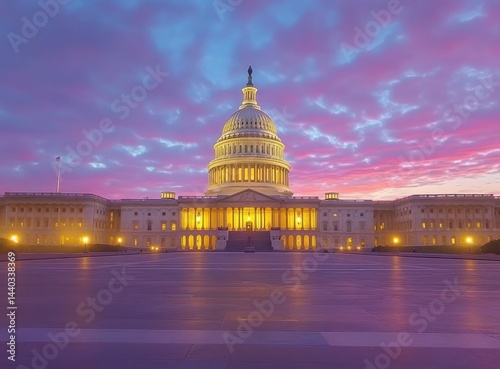 U.S. Capitol Building at Dusk in Washington, D.C., Illuminated at Sunset with Glowing Facade and Dramatic Sky. Iconic American Architecture and National Landmark Scene