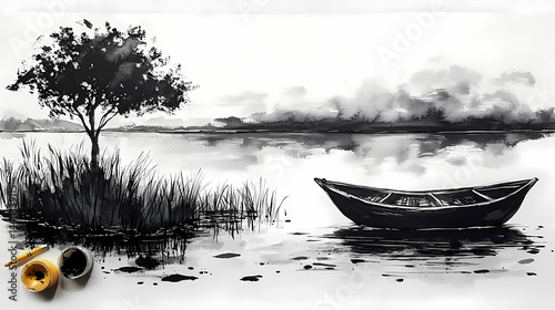 Landscape Lake view of Mountain, Tree, Grass, and Boat On the River. Black and White Ink Painting. Pencil Painting