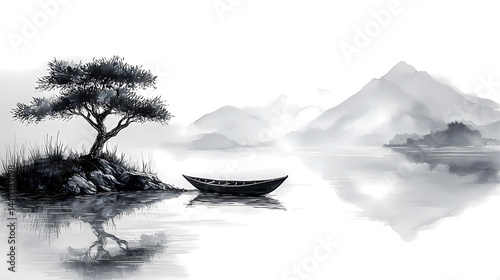 Landscape Lake view of Mountain, Tree, Grass, and Boat On the River. Black and White Ink Painting. Pencil Painting