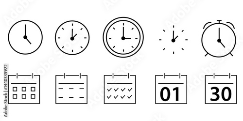 Black time and date icons set. Calendar icons, Clock icons, alarm clock, time icons