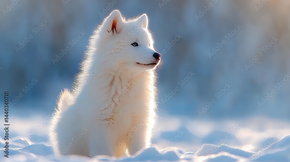 Fototapeta premium White Puppy Sitting in Snow Looking Away with Blue Eyes