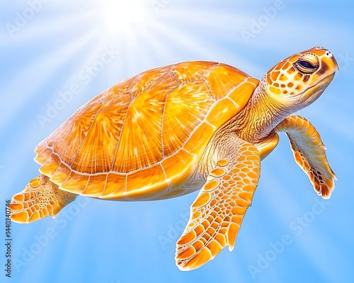 A vibrant orange sea turtle gracefully swims in sunlit, azure water