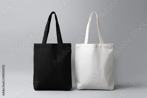 Two plain tote bags, one black and one white, stand side by side against a neutral background.