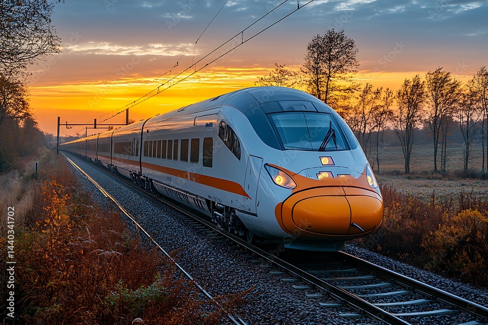 Fototapeta premium Modern high speed train arriving at sunset commuting through beautiful landscape