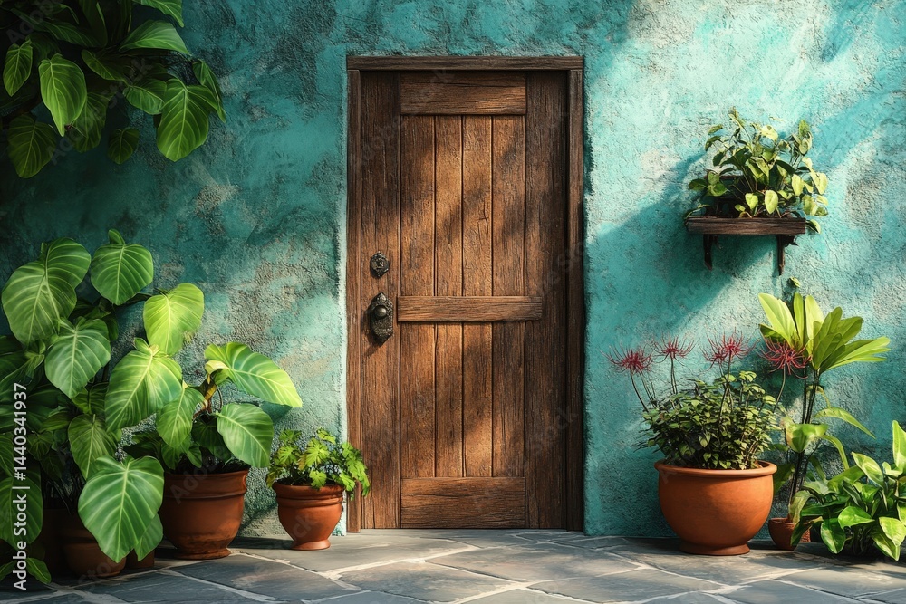 Fototapeta premium Exterior facade of a teal house with a wooden door and tropical plants.