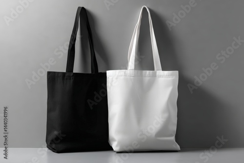 A black tote bag and a white tote bag stand side by side against a gray background.