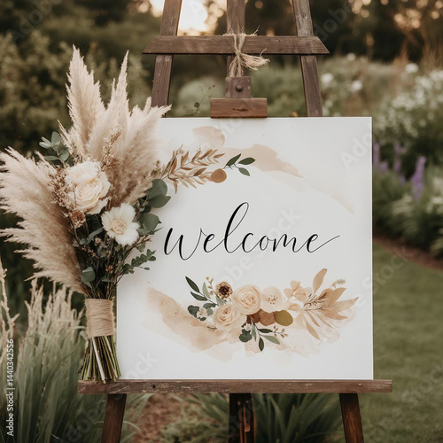 Wedding welcome sign mockup on easel decorated with pampas grass and neutral florals, outdoor garden ceremony in natural light
