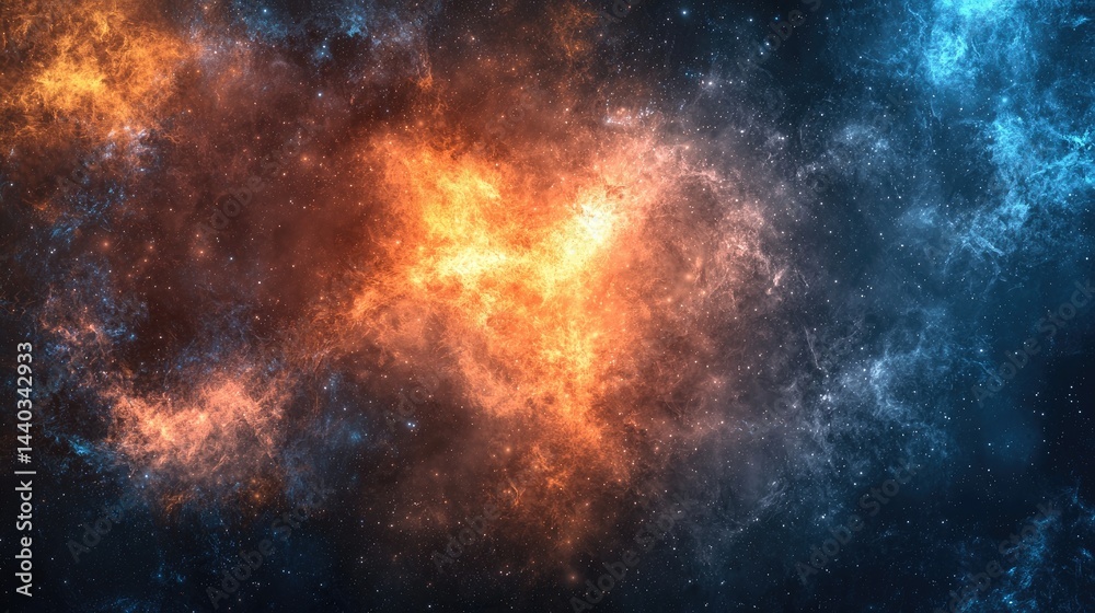Naklejka premium Cosmic Nebula with Fiery Orange and Cool Blue Elements Amidst a Starry Background