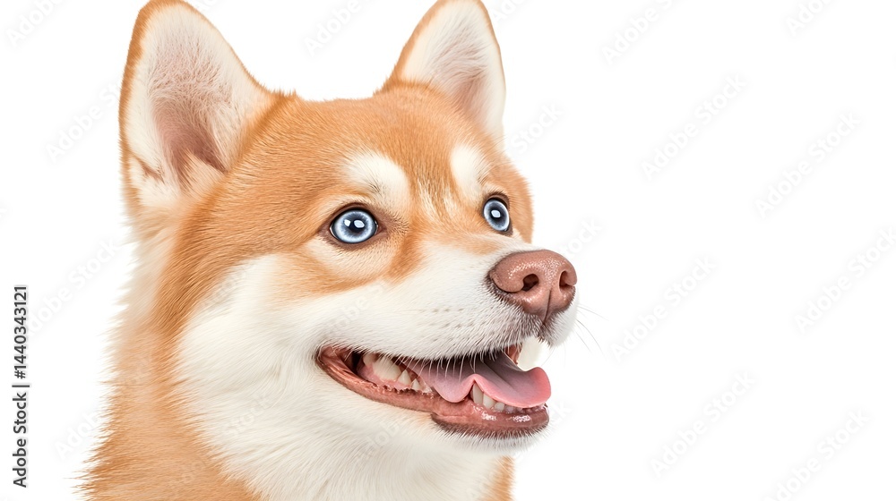 Obraz premium Close-up of a light brown dog with striking blue eyes, panting slightly, against a white background