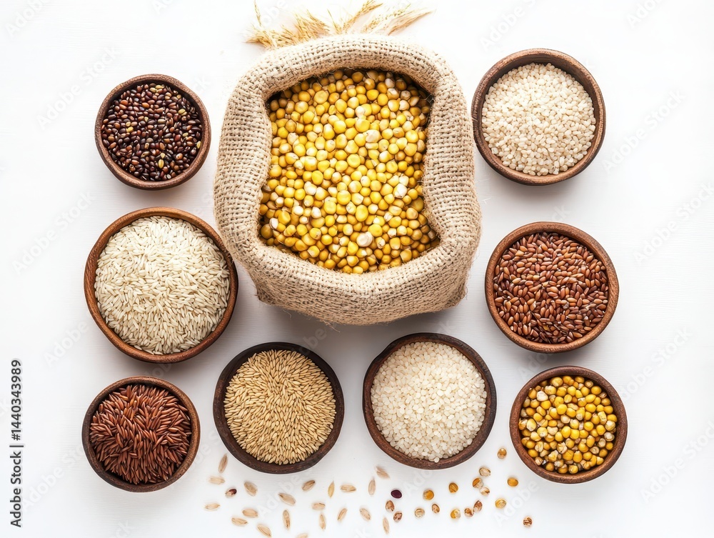 Variety of Grains and Pulses in Bowls with a Jute Sack Filled with Yellow Lentils Arranged on a White Background for Culinary or Healthy Eating Themes Variety of Grains and Pulses in Bowls with a Jute Sack Filled with Yellow Lentils Arranged on a White Background for Culinary or Healthy Eating Themes