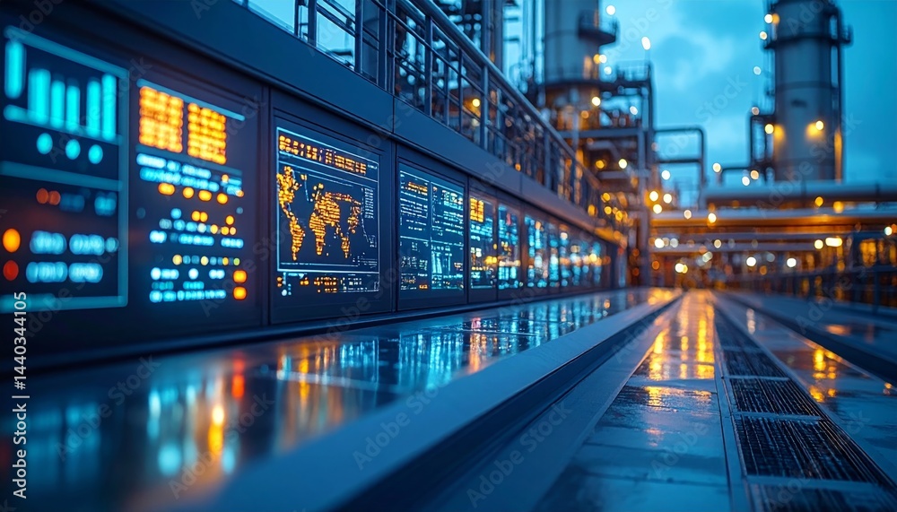 Fototapeta premium Night View Of Industrial Control Panels With Digital Displays Showing Data And