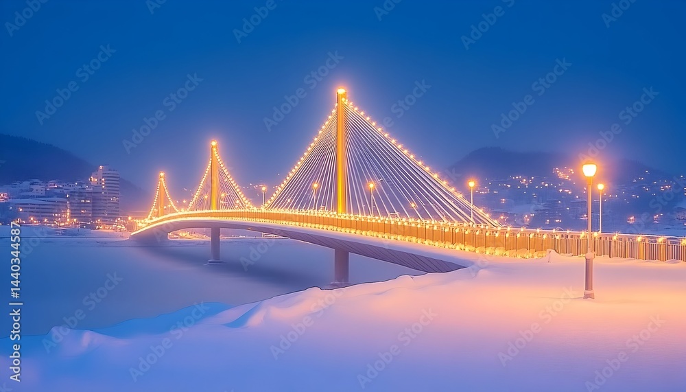 Fototapeta premium Illuminated cable-stayed bridge spans snowy waterfront at twilight
