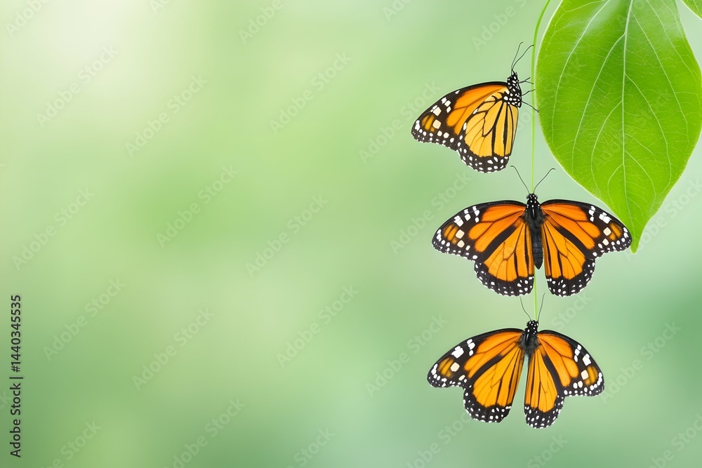 Fototapeta premium Three orange butterflies with black markings rest vertically on a vibrant green leaf against a blurred green background