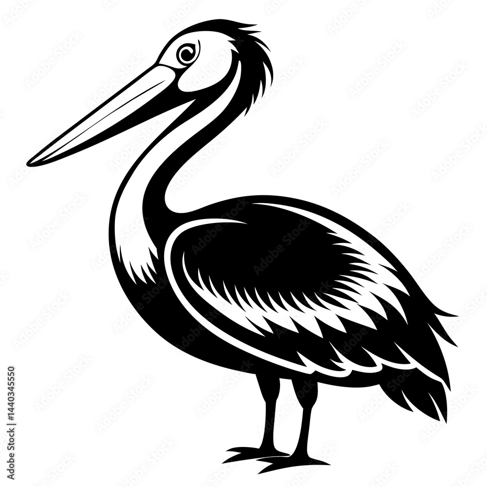Fototapeta premium Black and white silhouette illustration of a pelican standing