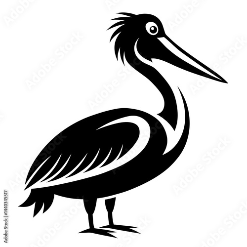 Black and white silhouette illustration of a pelican standing