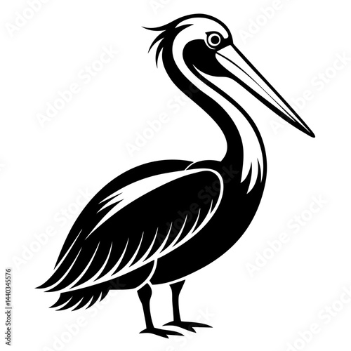 Black and white silhouette illustration of a pelican standing