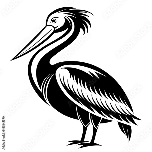 Black and white silhouette illustration of a pelican standing