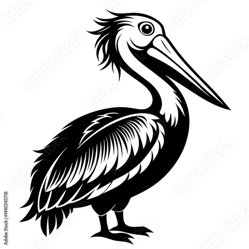 Black and white silhouette illustration of a pelican standing
