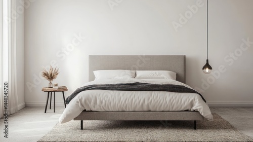 Serene Minimalist Bedroom Design: Modern Neutral Decor, Cozy Ambiance, and Tranquil Atmosphere