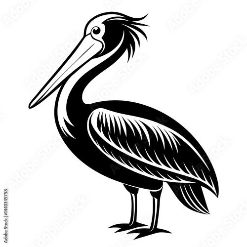 Black and white silhouette illustration of a pelican standing