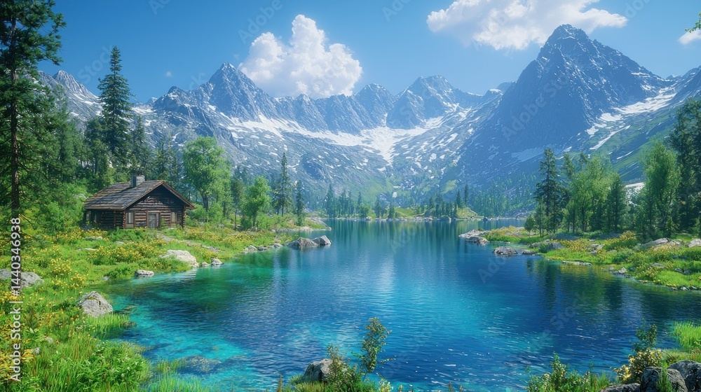 Fototapeta premium Picturesque alpine lake nestled amongst towering mountains, a small cabin sits by the shore. Lush vegetation and serene surroundings